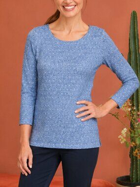 Talbots,  Light Blue and White Dot Twist Back Cotton Blend Jaquard Knit Top